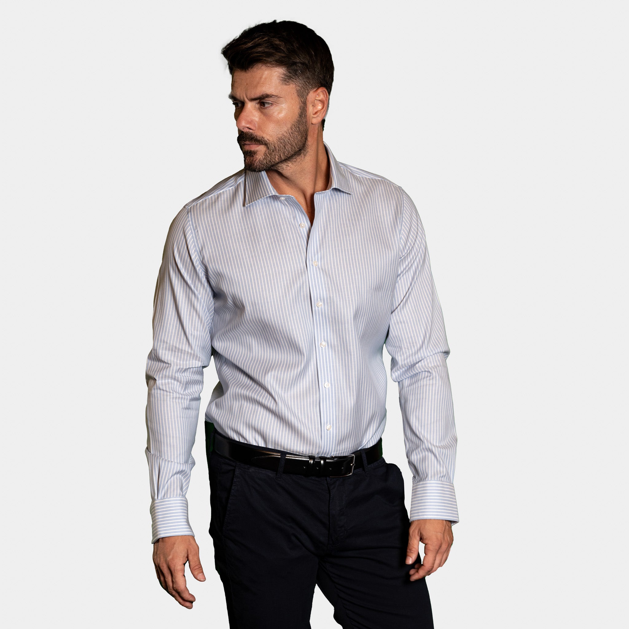 Camicia Uomo 1 Bottone Francese Cotone Riga Larga NoIron Antimacchia